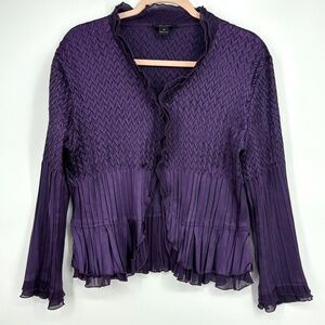 Caelian Womens Medium Open Front Cardigan Jacket Top Purple Pleated 7/8 Sleeves